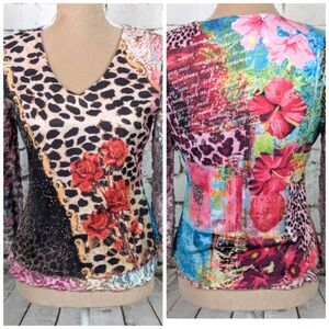 Reversible Y2K 90s Phoebe Buffay Stretch Mesh Floral Animal Print Top Small